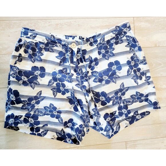 Tommy Bahama M Floral Linen Shorts Womens Tropical Blue White Pckts Button & Zip - Picture 3 of 6